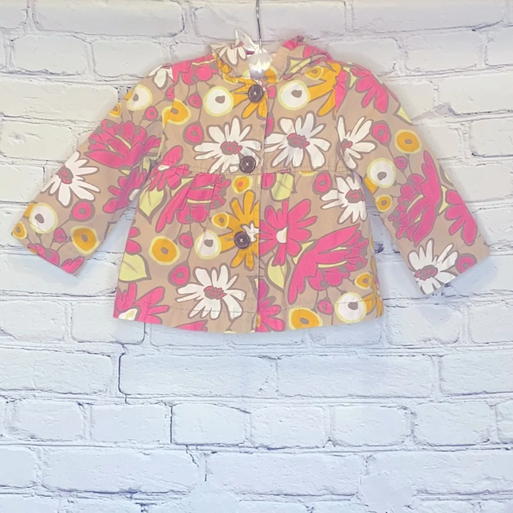 Genuine Kids By OshKosh Tan Pink Flower Lightweight Hooded Jacket Size 18 Months
